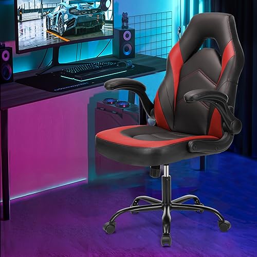 Sweetcrispy Computer Gaming Desk Chair - Ergonomic Office Executive Adjustable Swivel Task PU Leather Racing Chair with Flip-up Armrest for Adults, Kids, Men, Girls, Gamer, Black Blue