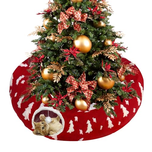 LUCKITTY Christmas Snowflake Print Cat Tunnel Under Tree, Velvet-Touch Jacquard Fabric with Hanging Plush Ball, 10-Inch Diameter 3-Ft Wide Round Pet Tube - Plush & Festive Cat Diversion Red