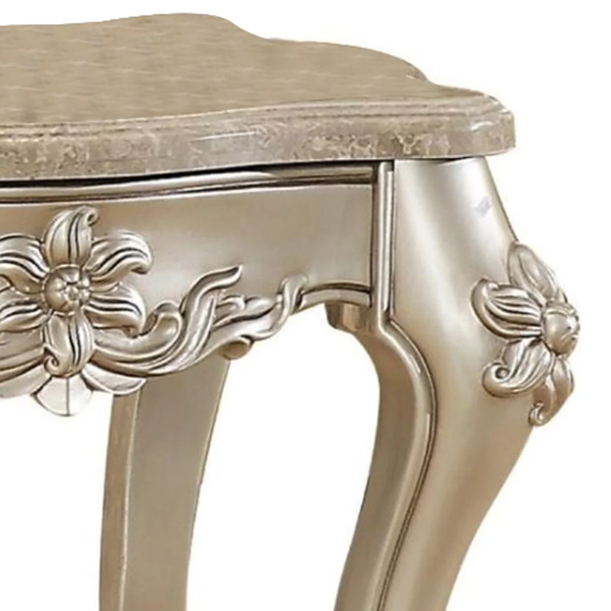 Marble Top End Table With Flower Motif Engraved Angular Wood Feet, Silver- Saltoro Sherpi