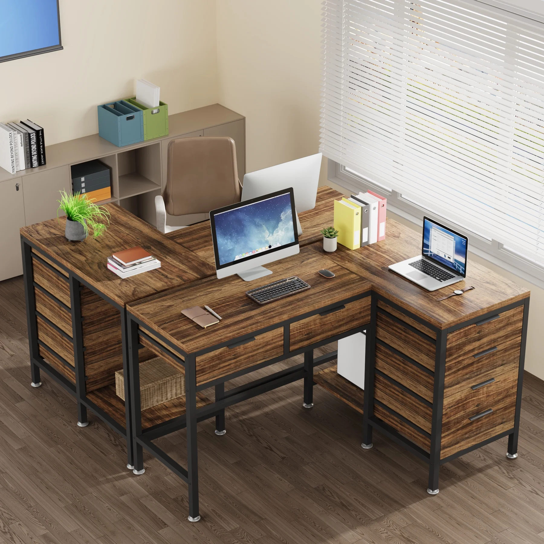 Tribesigns L-Shaped Desk with 6 Drawers, 47 in. Computer Corner Desk with CPU Storage Stand, Home Office Writing Desk Space-Saving Workstation Table
