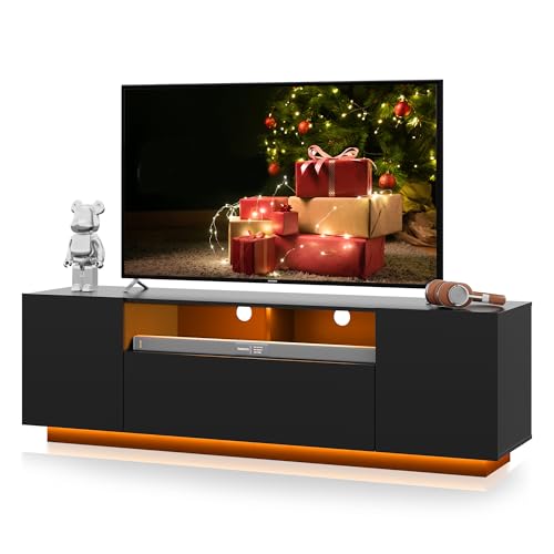 WLIVE TV Stand with LED Lights & Large Storage Cabinet, Modern Entertainment Center for 65 Inchs TV, Sturdy Media Console for Living Room, Bedroom,Gaming(Black)
