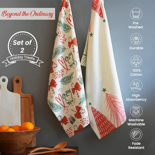 The Fine Living Co. 100% Cotton Merry Christmas Kitchen Towels, 18'x28' Set of 2 (Cherry Red & Green)