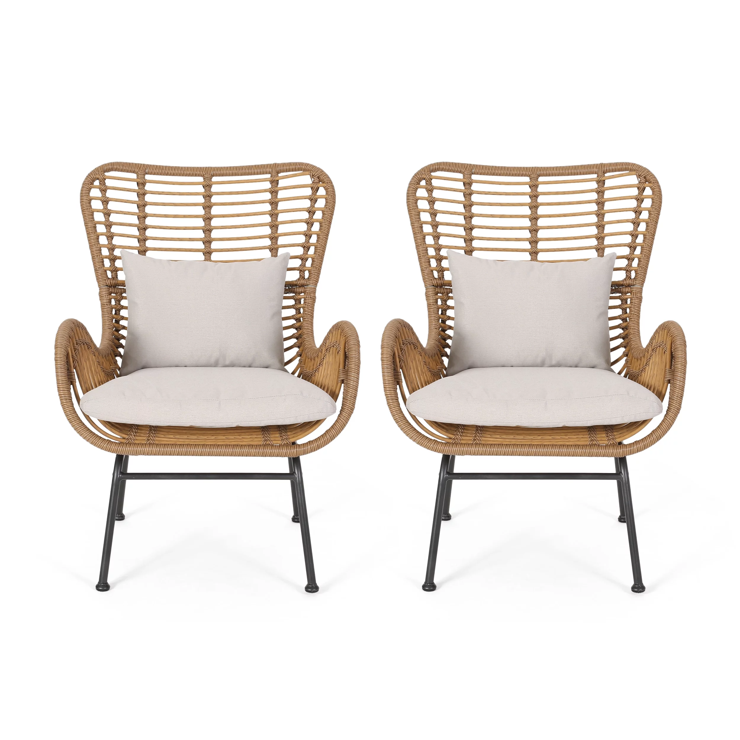 Noble House Marquwz Outdoor Wicker Club Chairs with Cushions, Set of 2, Light Brown and Beige
