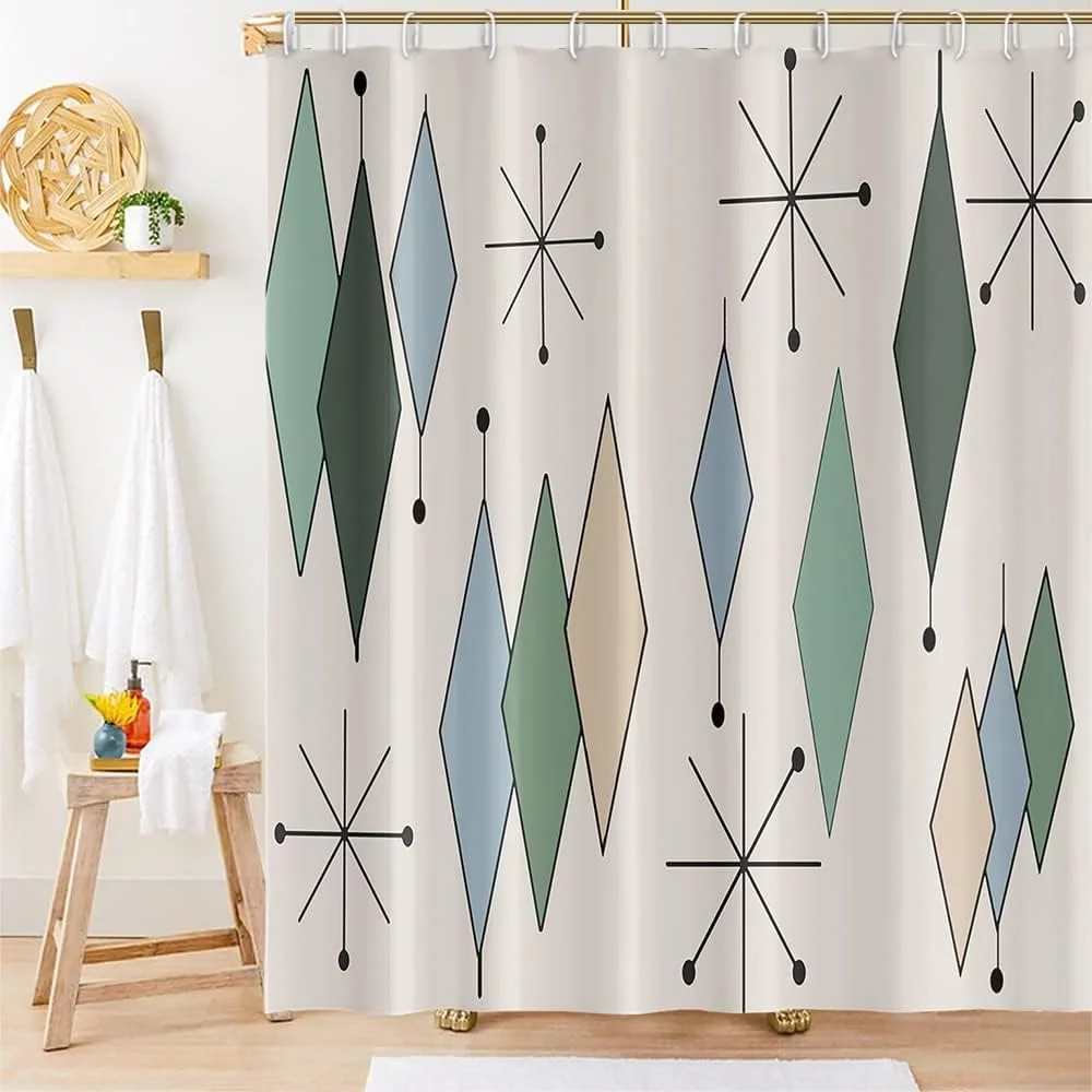 JOOCAR Mid Century Shower Curtain Modern Abstract Diamond Geometric Atomic Starburst Pattern for 1950s Retro Bathroom Decor Accessories Shower Curtain Set with 12 Hooks, 72x72 Inches