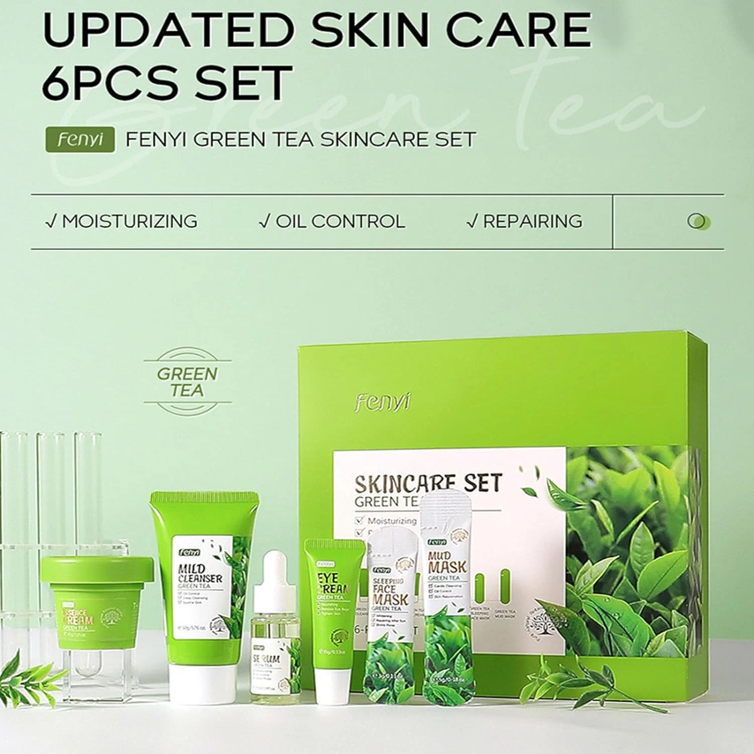 Green Tea Skincare Set, 6-In-1 Skincare Gift Set, With Natural Extracts,Cleanser,Face Serum, Face Cream, Eye Cream, Facial Mask And Mud Mask,Moisturizing Skincare Set For Teen Girls