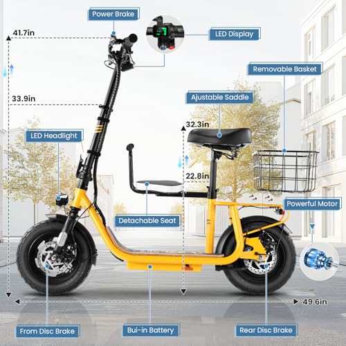 Caroma Peak 500W/800W/1200W Electric Scooter with Seat, 30 Miles Max Range Electric Scooter Adults&Teens, 48V Large Battery, 20MPH Top Speed Foldable Ebike, Adjustable E-Bike with Basket&Kid Seat