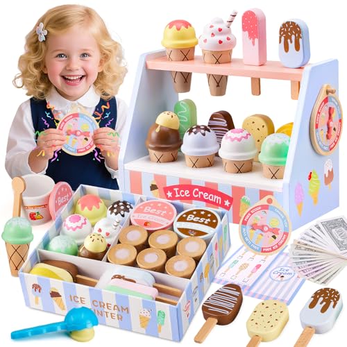 Ehome Wooden Ice Cream Toys Set Pretend Play Food Store for Kids Serve Ice Cream Counter Shop Kitchen Playset with Lucky Wheel, Scoop, Menu, Fake Money for Boys and Girls Ages 3 4 5 6 Birthday Gift