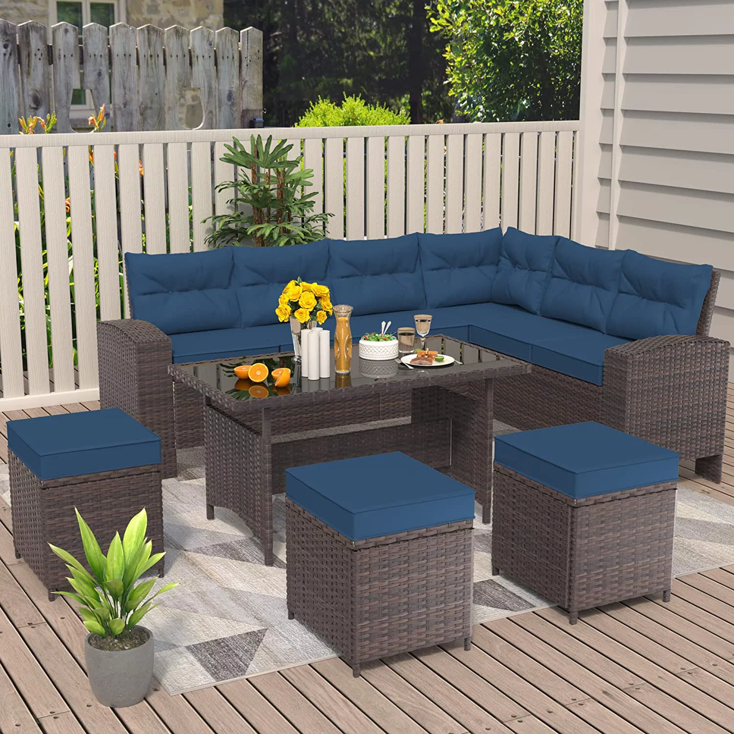 ALAULM 7 Pieces Outdoor Patio Furniture Set with Dining Table Outdoor Dining Set Sectional Sofa Brown Rattan Patio Conversation Set with Red Cushions and 3 Ottomans