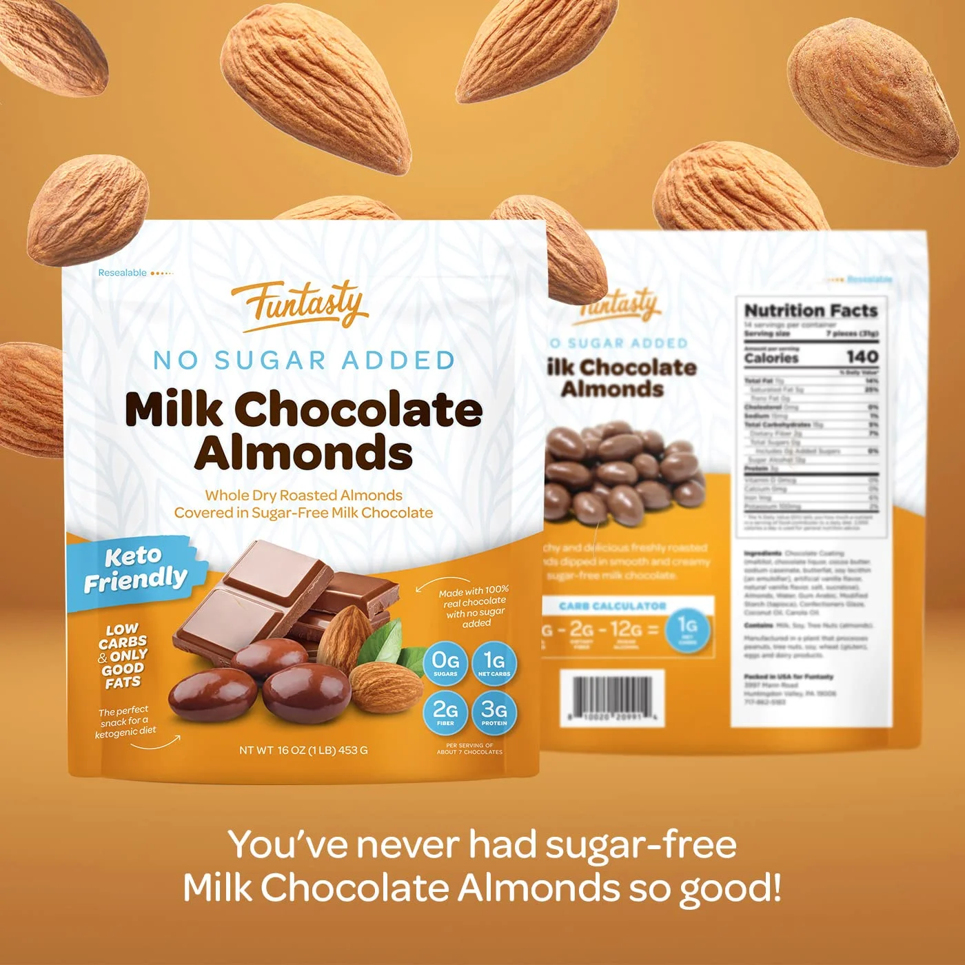 Funtasty Sugar Free Milk Chocolate Covered Almonds, Keto Friendly, 1 Pound Pack