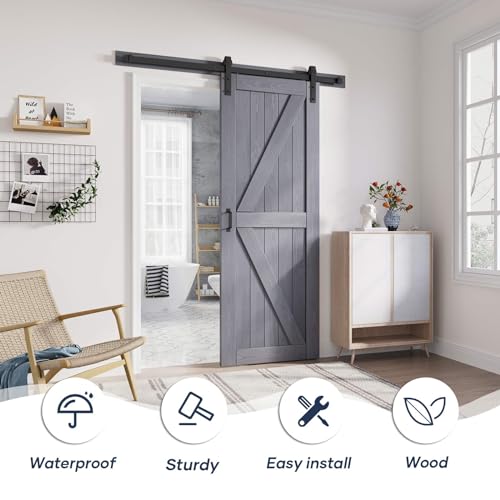 FREDBECK 32in x 84in Gray Wood Barn Door Slab with 5.5ft (66inch) Barn Door Hardware Track Kit and Handle Floor Guide Included, Double Surfaces,Simple Assembly is Required,K-Frame,Grey