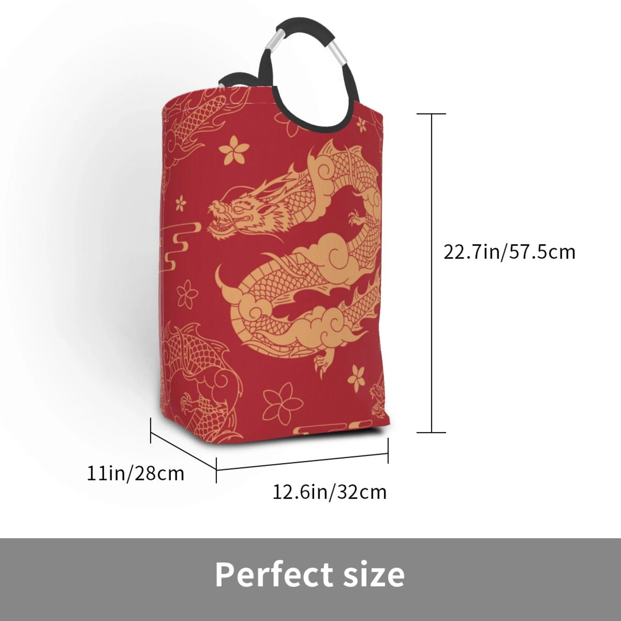 TEQUAN 50L Large Rectangular Laundry Hamper with Aluminum Handles, Red Chinese Dragon Prints Waterproof Foldable Dirty Clothes Basket