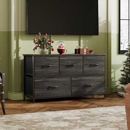 WLIVE Dresser for Bedroom with 5 Drawers, Wide Chest of Drawers, Fabric Dresser, Storage Organizer Unit with Fabric Bins for Closet, Living Room, Hallway, Dark Grey