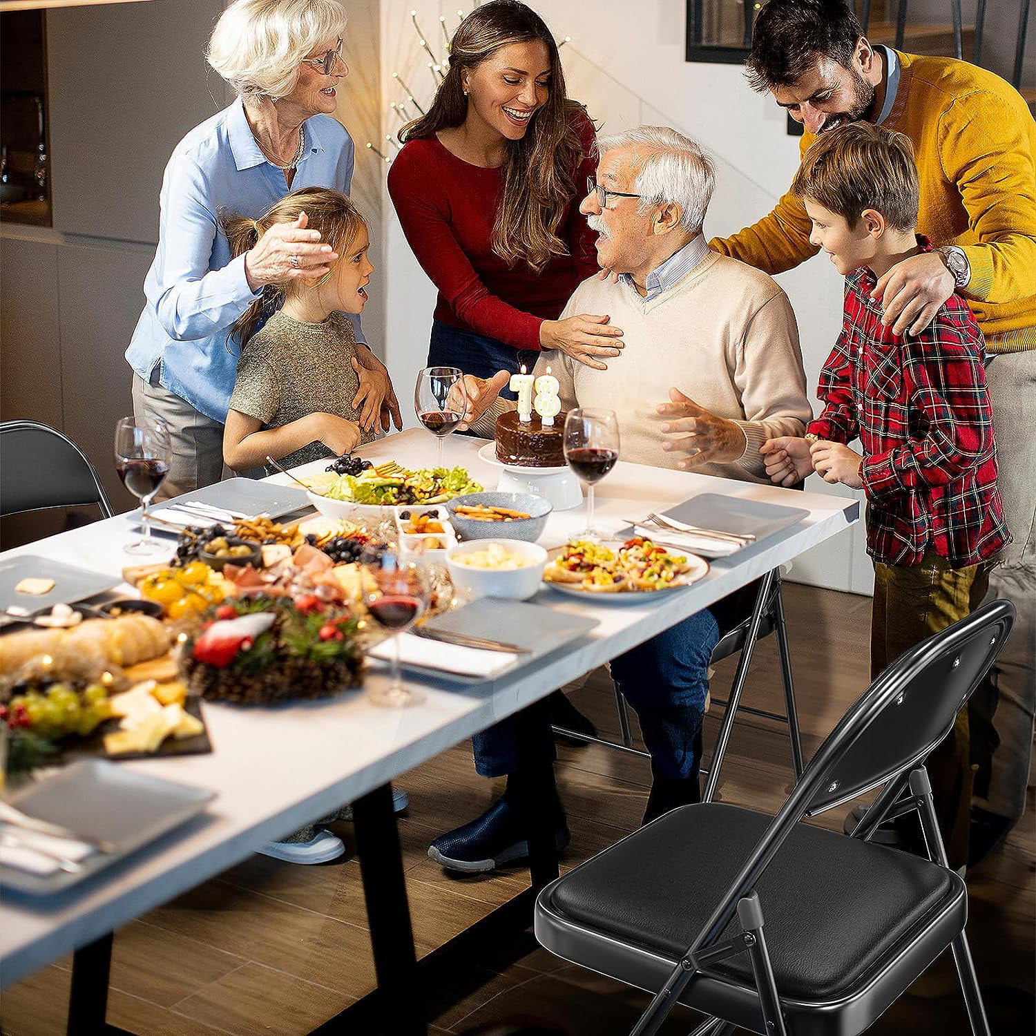 VINGLI Folding Chairs with Padded Seats, Metal Frame with Pu Leather Seat & Back, Capacity 350 lbs, Black, Set of 10