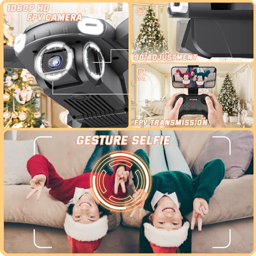 Mini Drone with Camera for Kids Beginners - Remote Control Helicopter Toys Gifts for Boys Girls, 1080P HD FPV RC Drones Support 2 Batteries, One Key Start/land, Gesture Selfie for Entertainment, Black