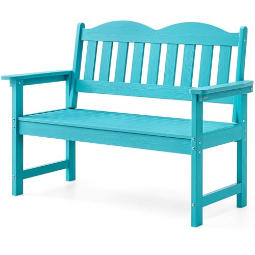 Outdoor Bench, 2-Person Poly Lumber Garden Bench with 800 lbs Weight Capacity, All-Weather Patio Bench with Armrests and Backrest for Garden, Porch, Backyard and Park, Blue