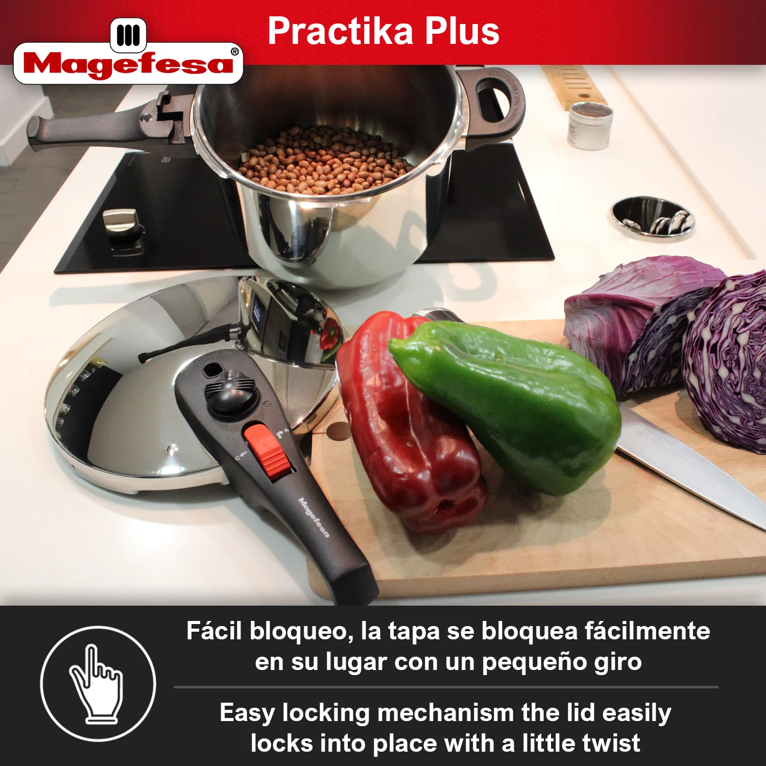 MAGEFESA ® Practika Plus Super Fast pressure cooker, 3.3 Quart, 18/10 stainless steel, suitable induction, excellent heat distribution, 5-layer encapsulated heat diffuser bottom, 5 safety systems