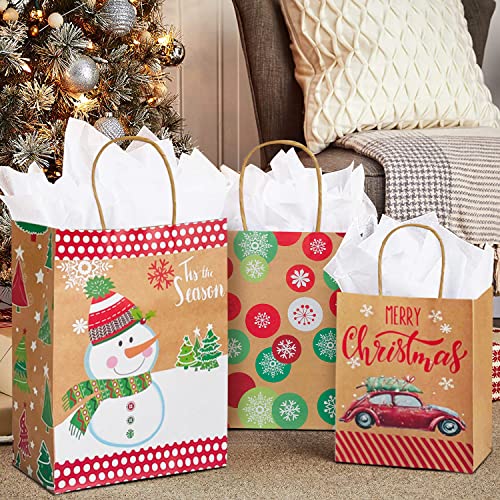 24 Kraft Christmas Gift Paper Bags Bulk with handles and 60 Count Christmas Gift Tags-Assorted sizes set for Wrapping Xmas Holiday Presents(6 Jumbo,6 Large,6 Medium,6 Small)