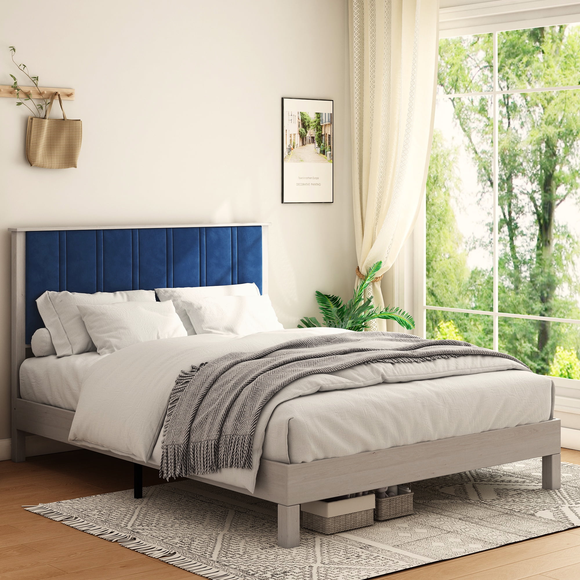King Bed Frame, Wood with Wood Headboard Bed Frame with upholstered headboard / Wood Foundation with Wood Slat Support / No Box Spring Needed / Easy Assembly