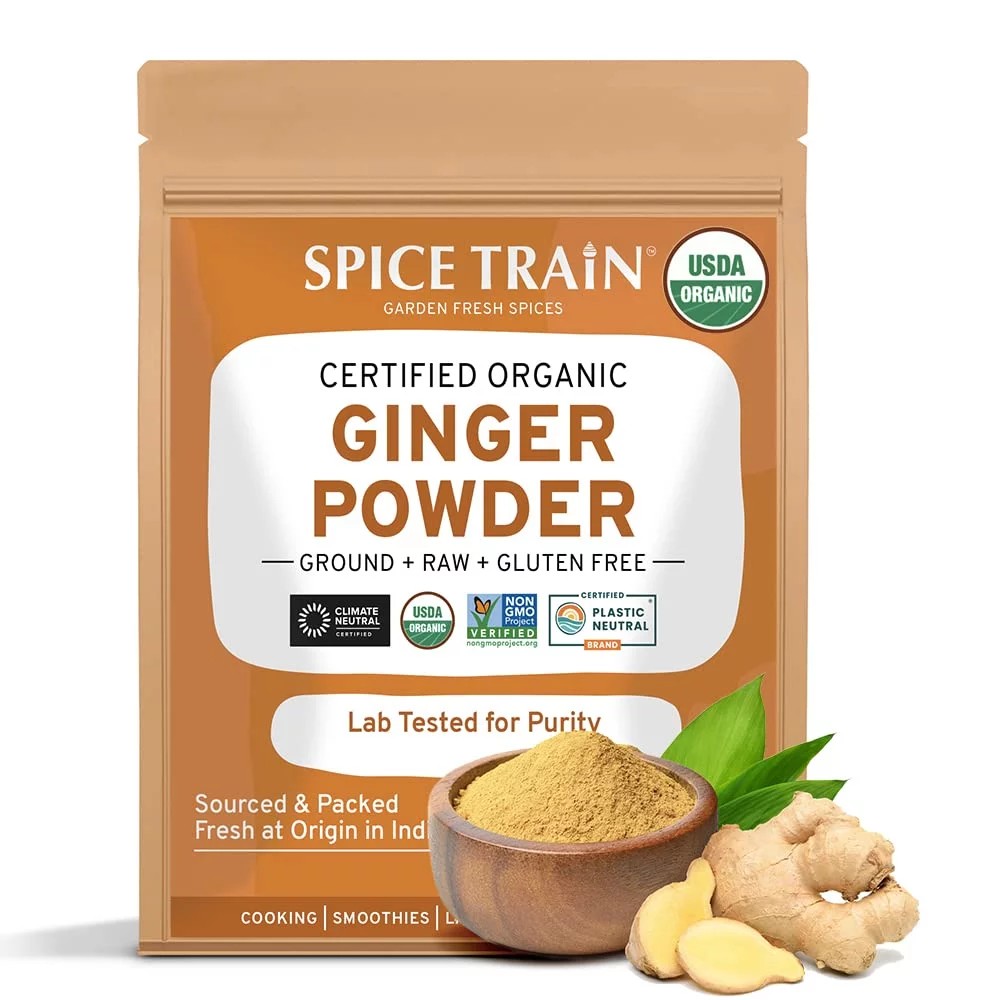 SPICE TRAIN, Organic Ginger Powder (454g/16oz) 100% Raw Ground Ginger Root Powder from India in Resealable Zip Lock Pouch | Active Gingerol, Perfect for Cooking, Baking Gingerbread, Smoothies & Tea