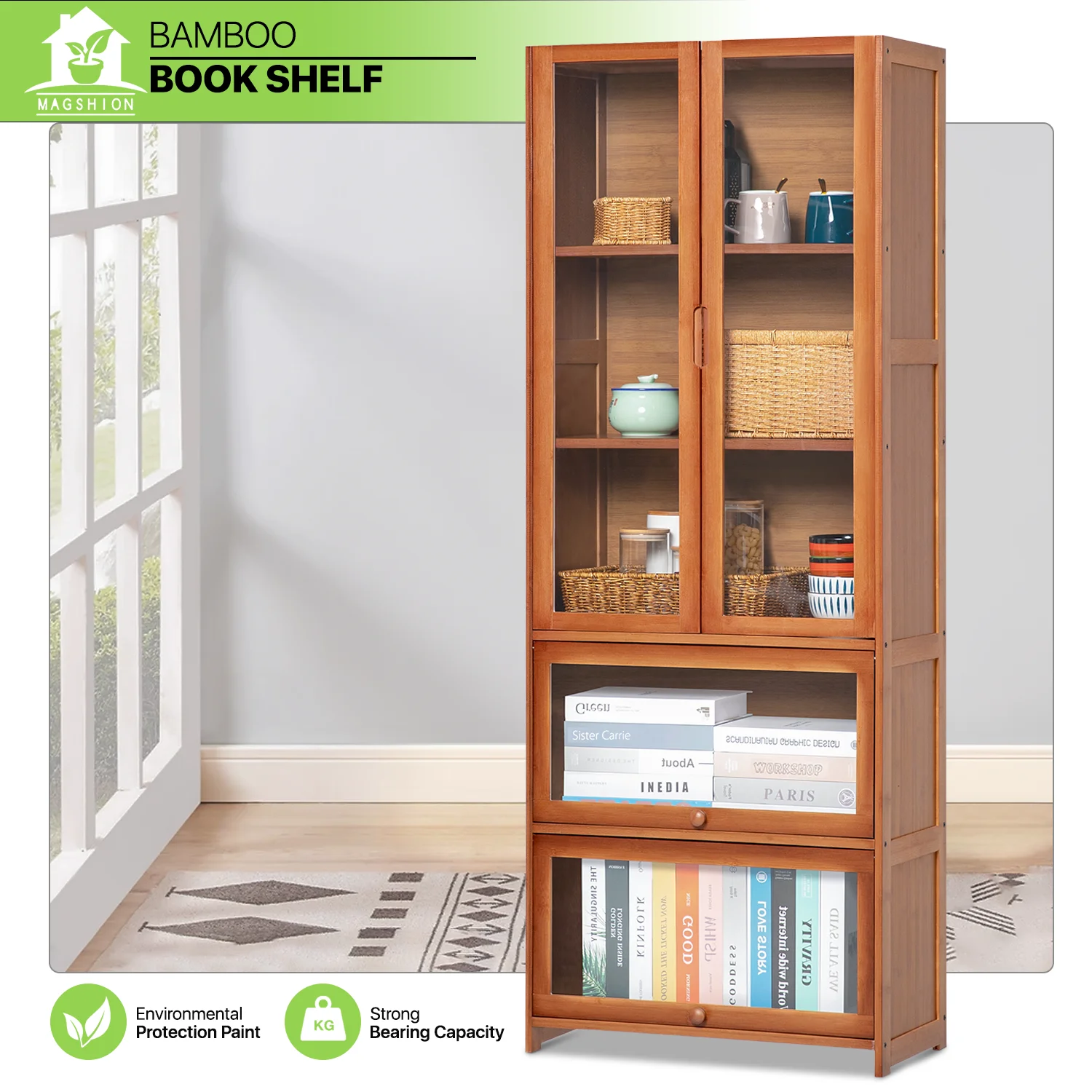 Magshion Bamboo 5 Tier Bookcase, Display Storage Cabinet with Acrylic Doors, Brown, for Living Room