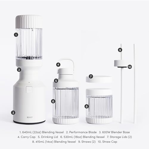 The Beast Mini Blender Plus | Mini Countertop Kitchen Blender | Blend Smoothies and Shakes, Dressings, Sauces, Dips | Extra Vessels, Straw Cap and Straws Included | 600W (Cloud White)