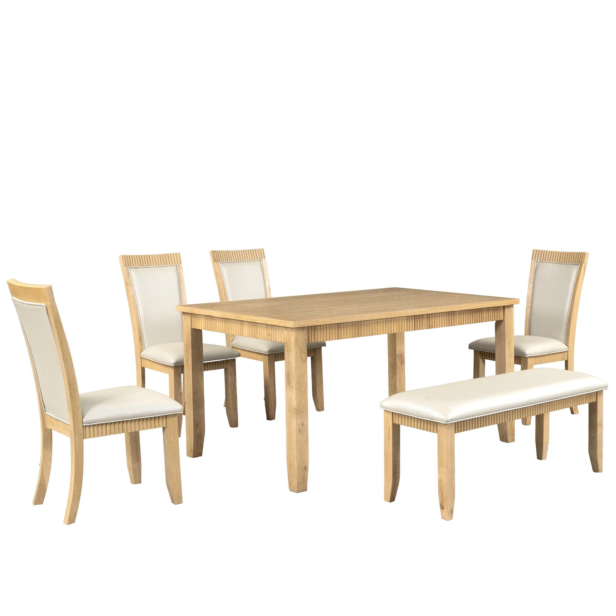 CoSoTower Rustic Solid Wood 6-Piece Dining Table Set, PU Leather Upholstered Chairs and Bench, Natural Wood Wash
