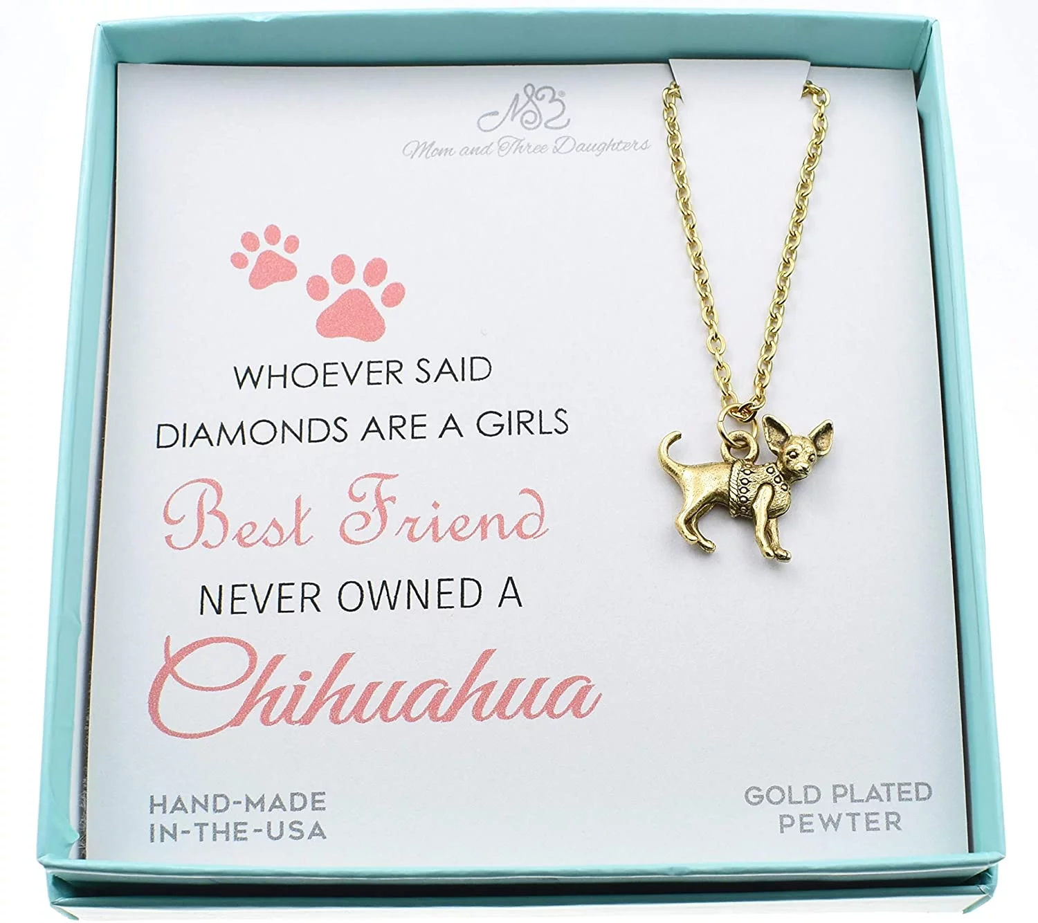 Chihuahua charm pendant in 24K gold plated pewter on a 18" gold stainless steel cable chain with a 2" extender. Chihuahua necklace.