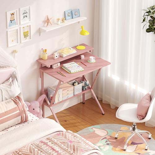 COTUBLR Small Desk, Small Computer Desk for Small Spaces, 27.5 Inch Computer Desk with Adjustable Monitor Stand, Compact Desk with Storage, Tiny Desk Study Desk for Bedroom Home Office, Grey