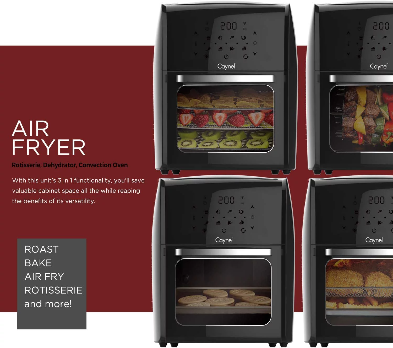 Caynel 8-in-1 Digital Air Fryer Oven 12.7 Qt Countertop Oven, Rotisserie, Dehydrator, Black