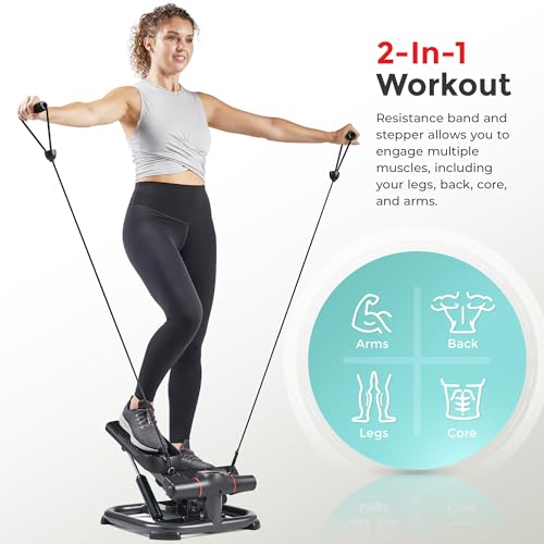 Sunny Health & Fitness 2-in-1 Premium Power Stepper with Resistance Bands, Low-Impact Cardio, Space-Saving, Height-Adjustable, with Enhanced Bluetooth Connectivity with Free SunnyFit App