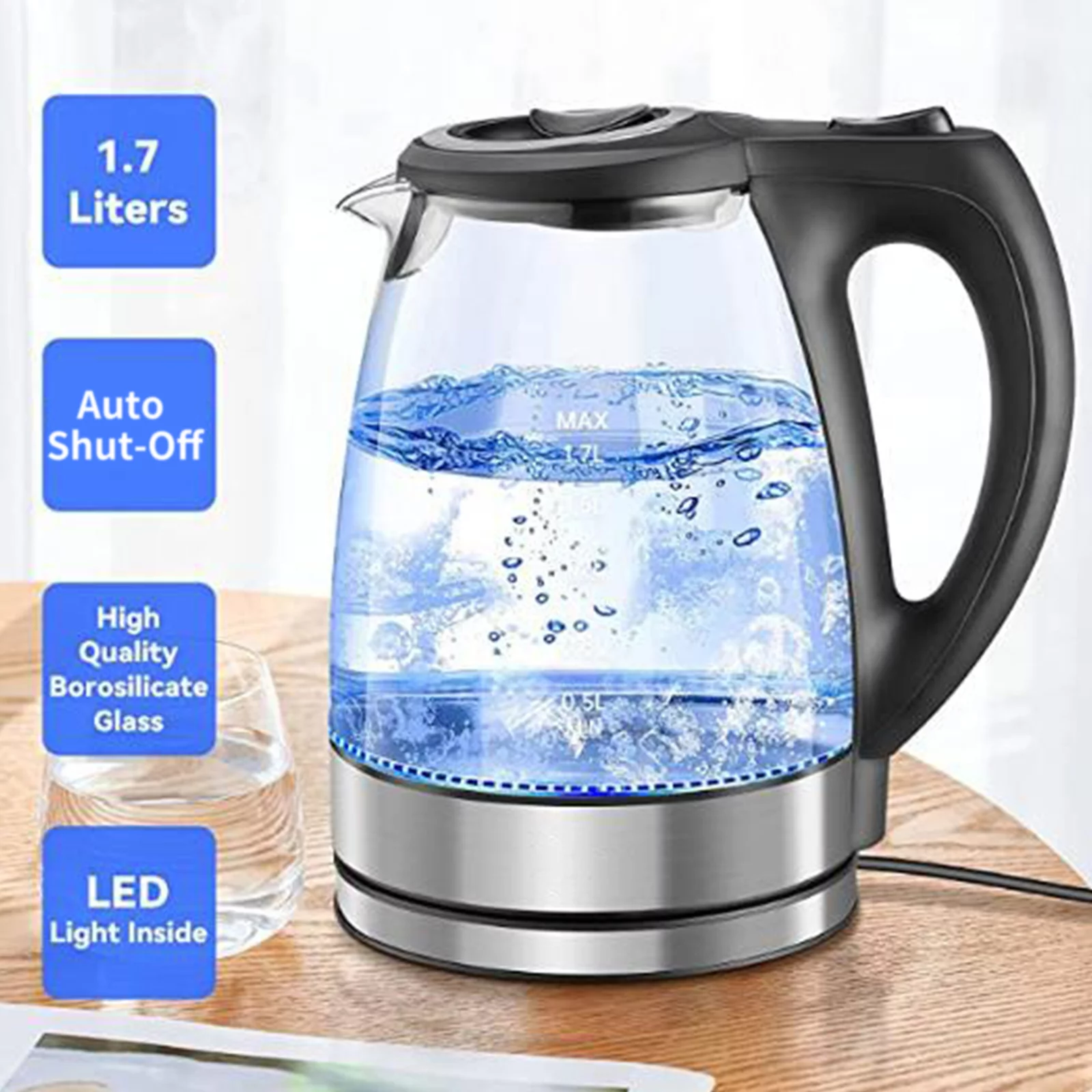 Walmeck 1.7L Electric Kettle  1500W Glass Hot  Kettle Fast Heating Electric Tea Kettle  Boiler &  with Auto Shut-Off