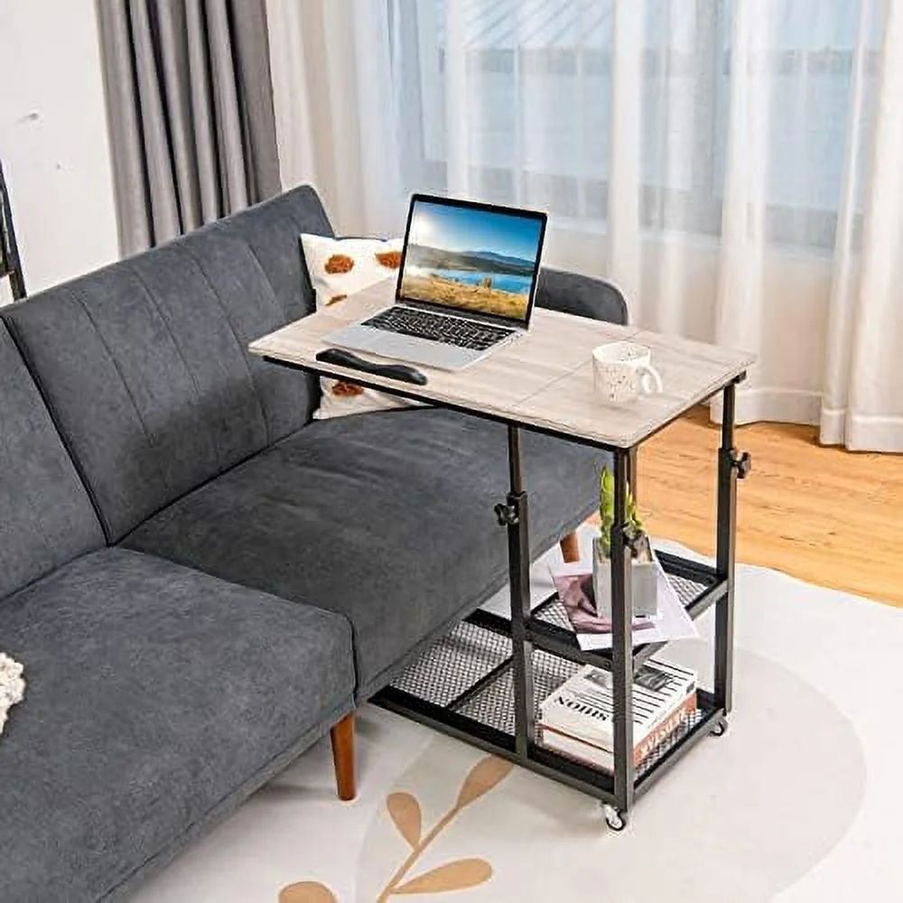 Height Adjustable C Shaped End Table with Lockable Wheels  Mobile Couch Desk Table with Tiltable Table Top  Sofa Bedside Laptop Stand TV Tray with  Shelves  Snack Side Table
