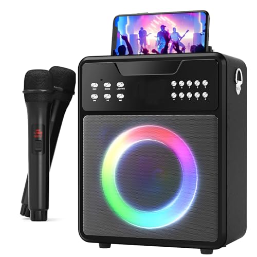 Karaoke Machine with 2 Microphones for Adults Kids Party, Portable Bluetooth Speaker with LED Lights Remote Control, Karaoke Machine for TF Card, TWS, USB, FM, REC, AUX in