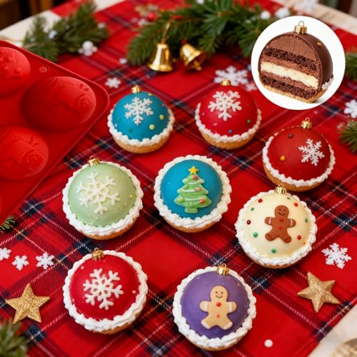 2 Pcs Christmas Hot Cocoa Bomb Mold, 8-Cavity Christmas Hot Chocolate Bomb Mold with Xmas Tree Snowflake Snowman Shape Half Sphere Round Chocolate Silicone Molds for Mousse Cake Jelly Pudding Jello