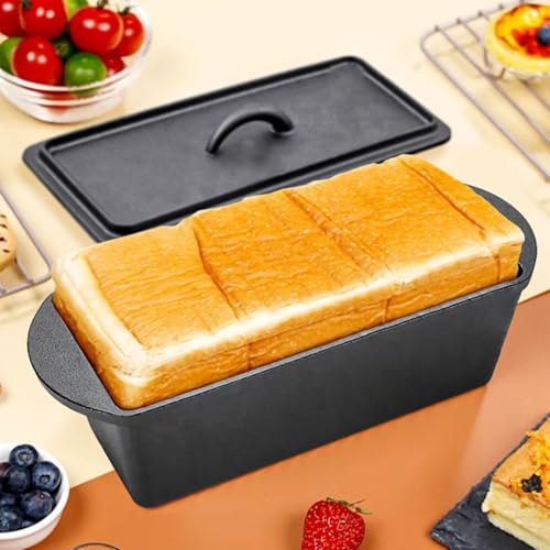 bangminda Cast Iron Bread Loaf Pan with Lid, 13x5 inches Bread Pan with lid Bread Maker Cast Iron Roaster Loaf Pans for Campfire or Home Kitchen
