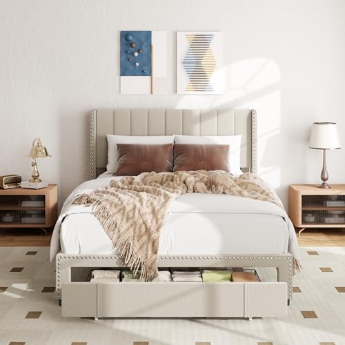 Queen Size Upholstered Platform Bed Frame with 1 Storage Drawer, Vertical Channel Tufted Wingback and Rivet Decor Headboard, No Box Spring Needed, Light Grey