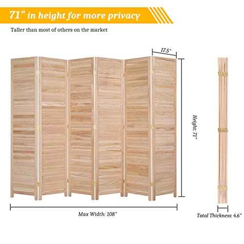 Bonnlo Wood Room Divider Privacy Screen, 5.9 Ft Tall Folding Partition Wall Divider, Indoor Freestanding Hinged Space Separator (Natural, 6 Panel)
