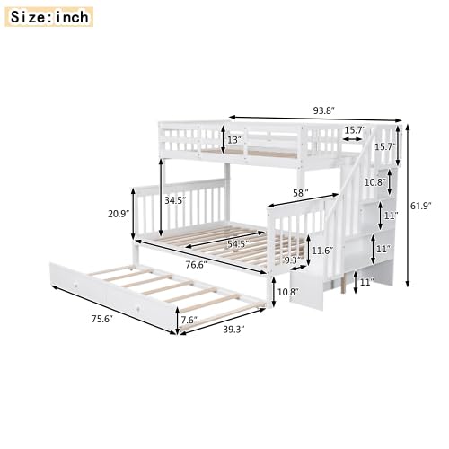 Harper & Bright Designs Twin Over Full Bunk Bed, Wood Twin Over Full Bunk Bed Frame with Trundle and Storage Shelves, Twin Over Full Size Bunk Bed Frame with Stairs for Kids Teens Adults, White