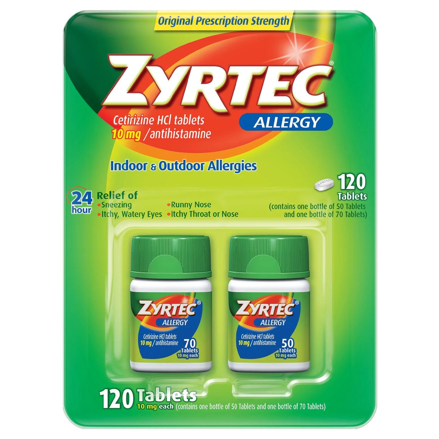 2 Packs Zyrtec 24 Hour Non-Drowsy, Allergy Relief Antihistamine Cetirizine Hcl 10 Mg, 120 Tablets
