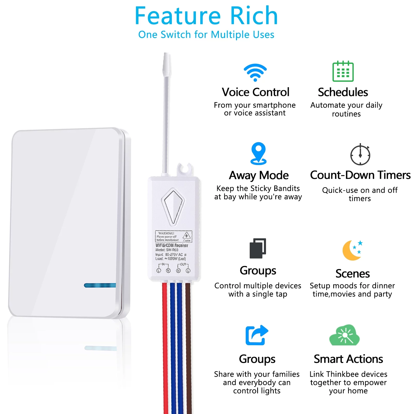 GREENCYCLE Smart Light Switch WiFi 1PK Mini Size Wireless 1-gang Switch +1PK WIFI Receiver Compatible with Amazon Alexa and Google Home Remote Control Lights and Appliances Timing Function