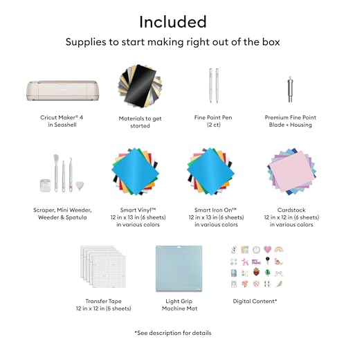Cricut Maker 4 - Smart Cutting Machine (Seashell) | Engagement Bundle - Includes Smart Vinyl, Cardstock, Transfer Tape, Iron On HTV, Mat, Pens, Tool Kit, & 25 Images in Design Space App