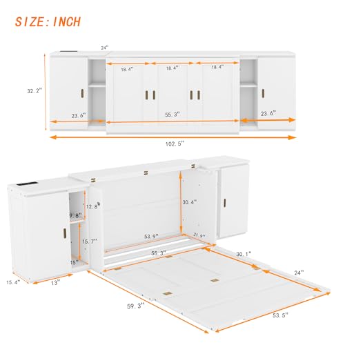 Full Size Murphy Cabinet Wall Bed With Storage and Bookcase Headboard, Solid Wood Cabinet With Shelves and USB Ports, Platform Floor for Home Office, Guest Room - Gray
