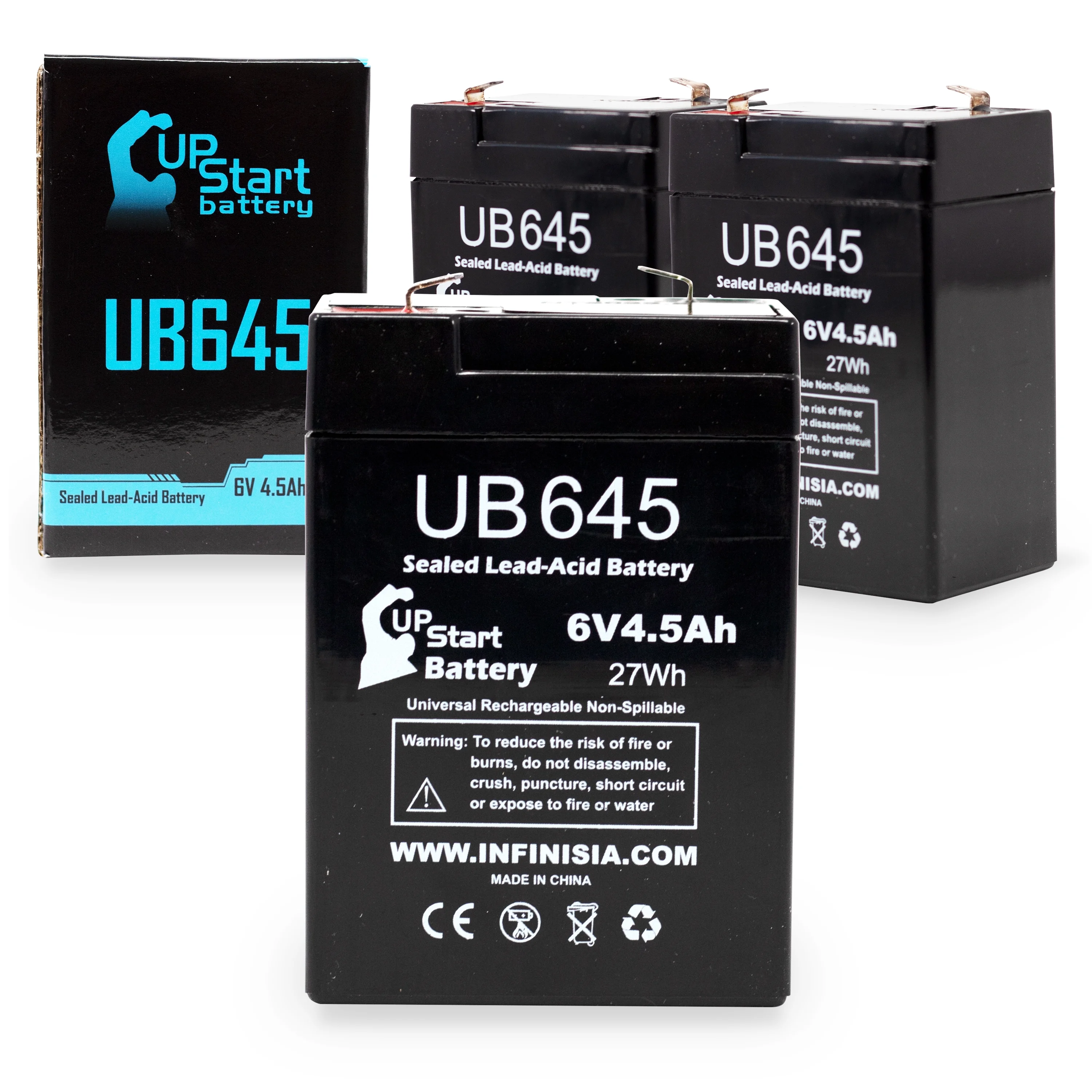3x Pack - Compatible Exide M84001A5060042S Battery - Replacement UB645 Universal Sealed Lead Acid Battery (6V, 4.5Ah, 4500mAh, F1 Terminal, AGM, SLA) - Includes 6 F1 to F2 Terminal Adapters