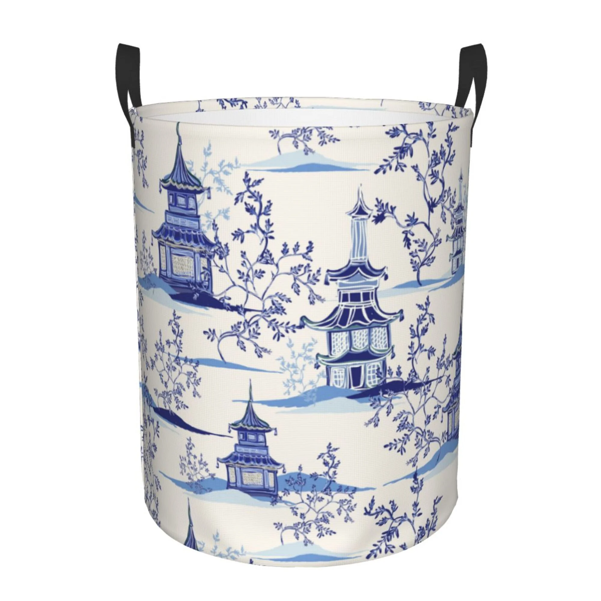 TEQUAN Waterproof Laundry Hampers, Vintage Ink Blue Chinoiserie Pattern Clothes Storage Basket with Handle (S)