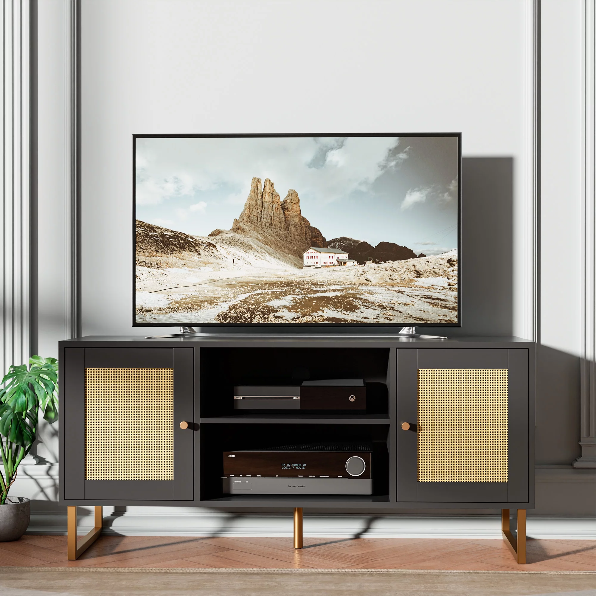 Cozy Castle Rattan TV Stand for 50/55 inch TV, Entertainment Center with Golden Legs and Metals, Modern TV Console Table with Adjustable Shelves, TV Media Console for Living Room, Bedroom, Black