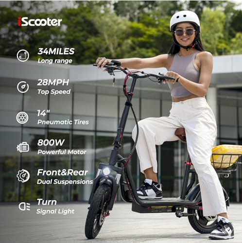 iScooter Electric Scooter with Seat, 37/21 Miles Long Range & 28/19/15.6 MPH Top Speed, 14