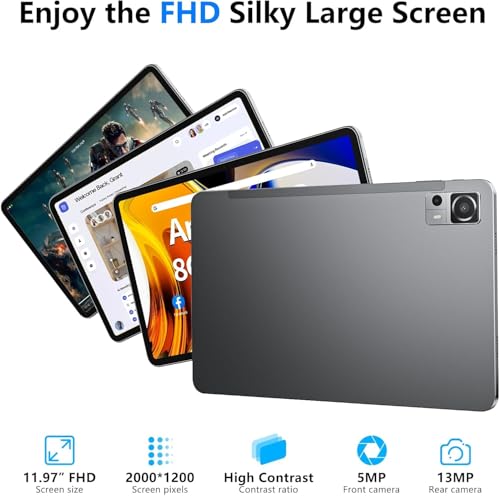 Android Tablet 12 Inch with 8GB RAM 256GB ROM, Octa-Core 2.0Ghz Processor, 2000 * 1200 FHD IPS Touch Screen, 5MP+13MP Dual Camera, 8000mAh Battery, 2K Android 13 Tablet, 5G WiFi, Bluetooth 5.0,GPS