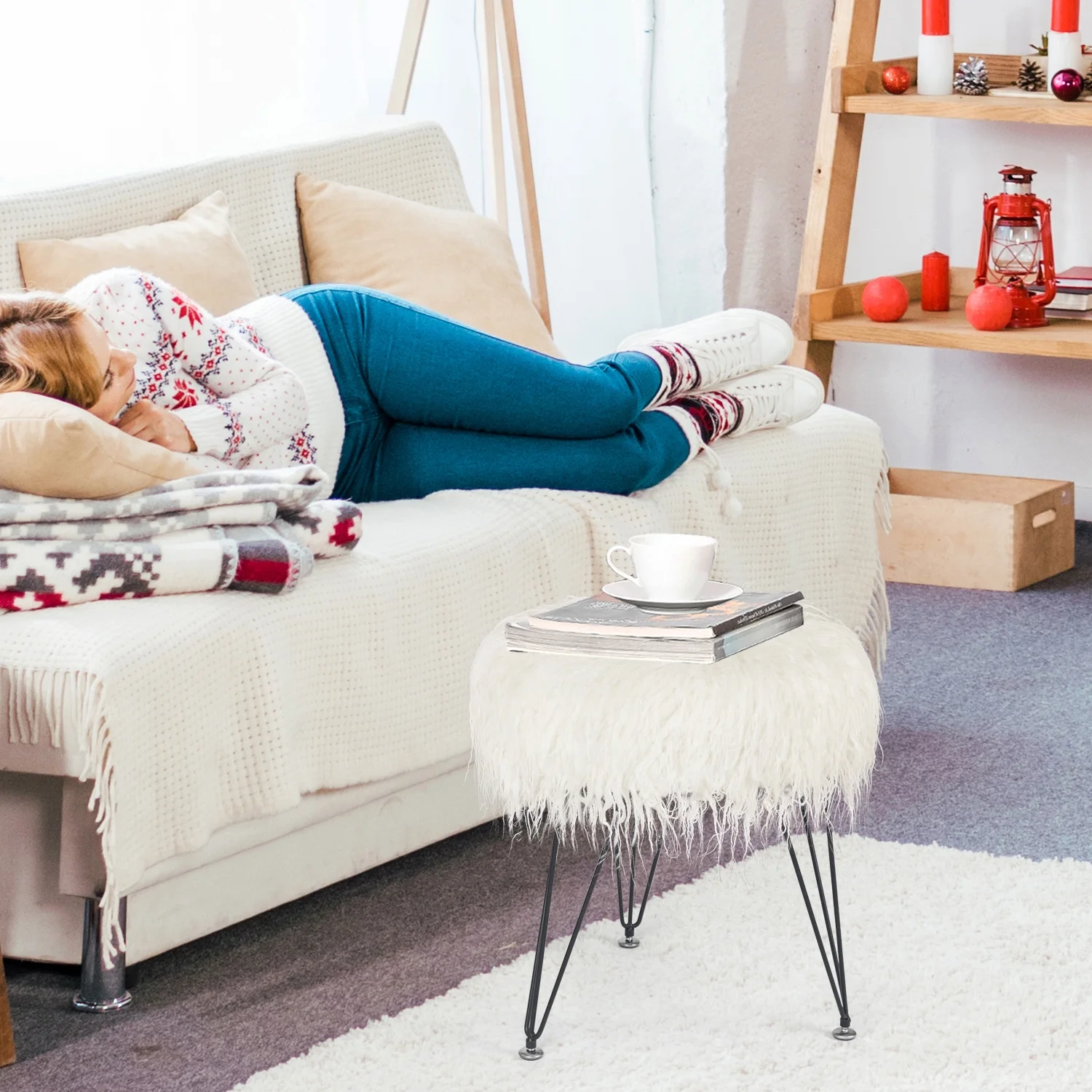 Homebeez Faux Fur Ottoman Footrest Vanity Stool with Metal Legs White