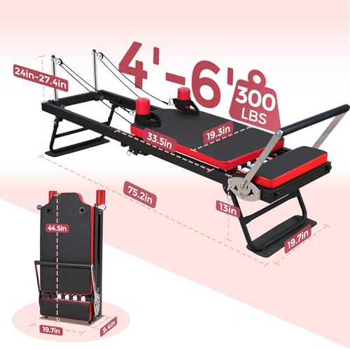 Reformer Pilates Machine, JIRTEMOT Pilates Machine with Resistance Springs and Cords, Home Foldable Pilates Reformer, Up to 300 lbs