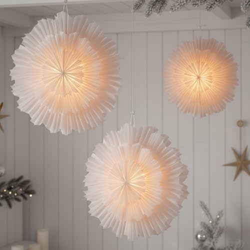 3 Pcs 15.7 Inch Christmas Paper Snowflake Lantern Set 3D Paper Star Lanterns LED Lights Winter Party Hanging Decoration White Hanging Lamp Ornaments Xmas New Year (Classic Style)